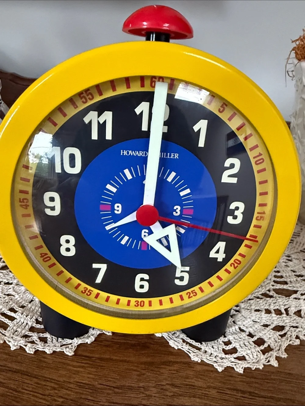 Howard Miller “School Bell” Yellow Retro Manual Clock W/ Blue White Black Dial